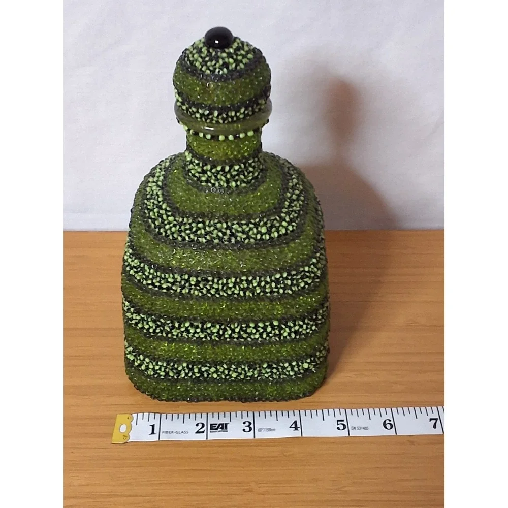 Custom Upcycled Beaded Patron Tequlila Bottle Decanter Green Boho Decor Art